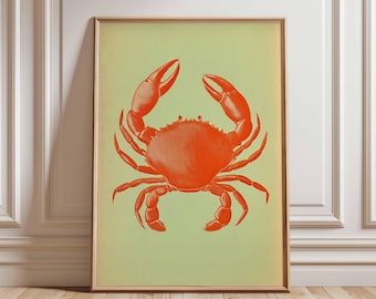 Red Crab Poster, Coastal Kitchen Wall Art, Retro Seafood Print, Minimalist Ocean Decor, Vintage Style Beach House Artwork