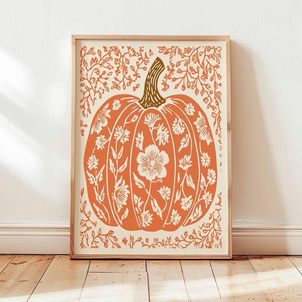 Pumpkin Wall Art Print, Autumn Floral Pumpkin Poster, Fall Harvest Kitchen Decor, Botanical Halloween Thanksgiving Seasonal Artwork