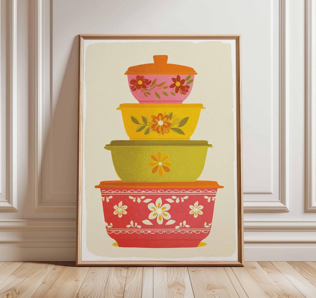 Retro Pyrex Poster, Mid Century Kitchen Wall Art, Vintage Bowl Stack ...