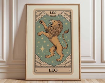 Leo Zodiac Sign Art Print Poster, Vintage Zodiac Tarot Card Art, Astrology Celestial Wall Decor Unique Gift