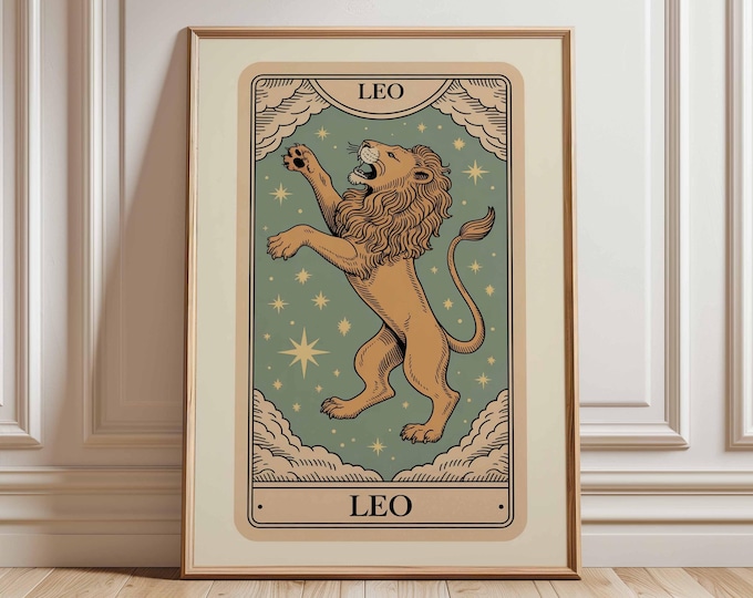 Leo Zodiac Sign Art Print Poster, Vintage Zodiac Tarot Card Art, Astrology Celestial Wall Decor Unique Gift