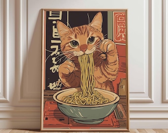 Happy Cat Ramen Poster, Japanese Noodle Art, Cat Eating Ramen, Kawaii Cat Print, Asian Food Poster, Fun Kitchen Decor, Noodle Bowl Art