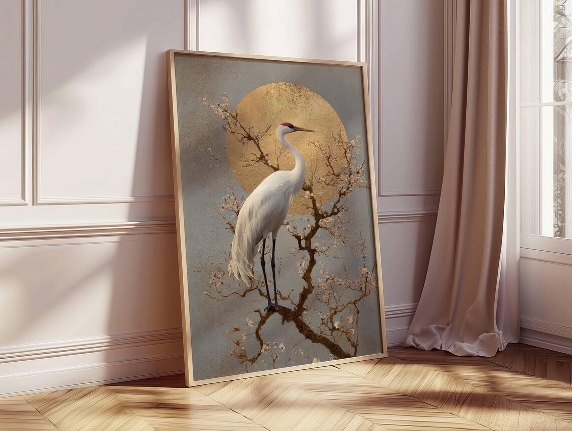 Golden Sun Crane Poster – Japanese Heron Wall Art With Plum Blossoms ...
