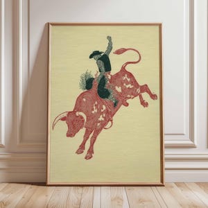 Cowboy Bull Riding Print, Western Rodeo Poster, Vintage Ranch Wall Art, Rustic Cowboy Decor, Wild West Bull Rider Artwork