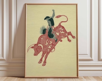 Cowboy Bull Riding Print, Western Rodeo Poster, Vintage Ranch Wall Art, Rustic Cowboy Decor, Wild West Bull Rider Artwork