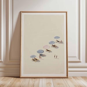 Minimalistischer Strand Poster Druck, Küstenschirm Wandkunst, Sommer am Meer Illustration, modernes Ozean Dekor, entspannende Strandszene Kunstwerk