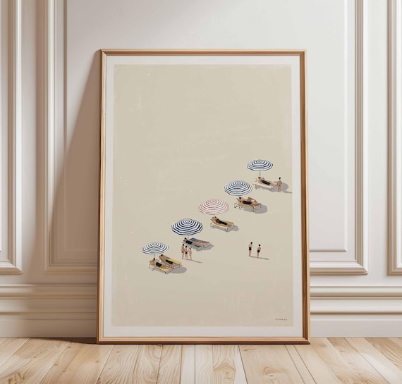 Minimalist Beach Poster Print, Coastal Umbrella Wall Art, Summer Seaside Illustration, Modern Ocean Decor, Relaxing Beach Scene Artwork