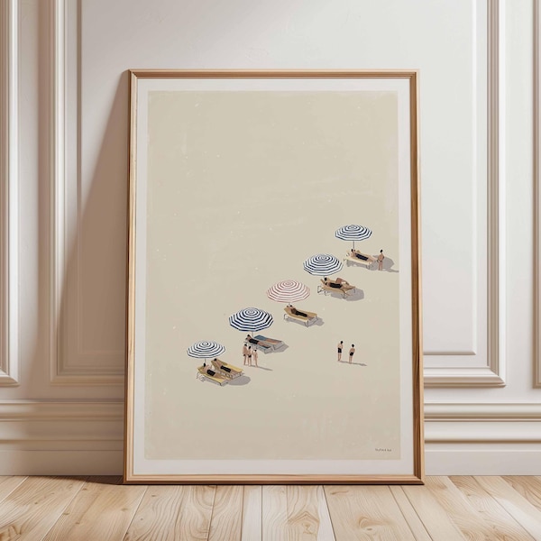 Minimalist Beach Poster Print, Coastal Umbrella Wall Art, Summer Seaside Illustration, Modern Ocean Decor, Relaxing Beach Scene Artwork