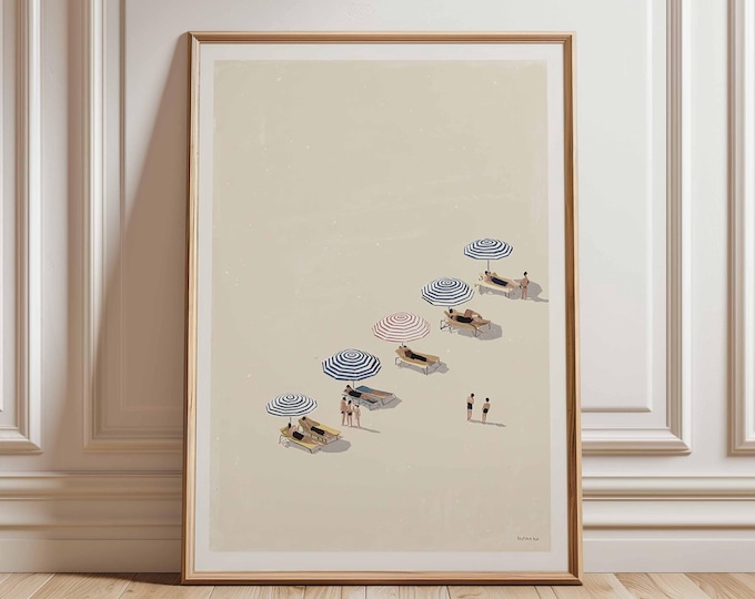 Minimalist Beach Poster Print, Coastal Umbrella Wall Art, Summer Seaside Illustration, Modern Ocean Decor, Relaxing Beach Scene Artwork