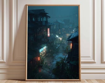 Póster de callejón japonés lluvioso: arte mural cyberpunk melancólico, escena callejera nocturna de neón, impresión atmosférica de Japón urbano, decoración estética de Tokio