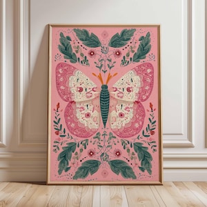 Butterfly Wall Art Print, Pink Botanical Poster, Boho Nature Illustration, Vintage Insect Artwork, Floral Butterfly Decor, Bedroom Wall Art