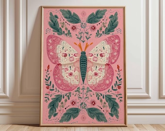 Butterfly Wall Art Print, Pink Botanical Poster, Boho Nature Illustration, Vintage Insect Artwork, Floral Butterfly Decor, Bedroom Wall Art