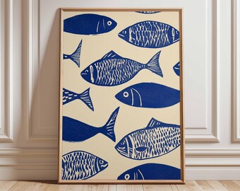 Blue Fish Wall Art Print, Nautical Coastal Kitchen Poster, Mediterranean Style Linocut Art, Ocean Fish Pattern, Unframed Beach Decor