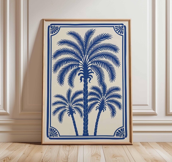 Palm Tree Poster, Tropical Wall Art, Coastal Beach Print, Blue