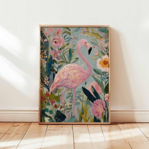 Whimsical Pink Flamingo Poster, Tropical Bird Art Print, Colorful Floral Jungle Wall Decor, Nursery or Girl&#39;s Room Flamingo Artwork