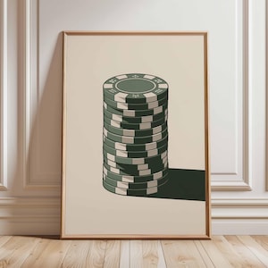 Poker Chips Poster, Casino Wall Art, Minimalist Gambling Print, Retro Mid Century Modern Decor, Card Game Artwork