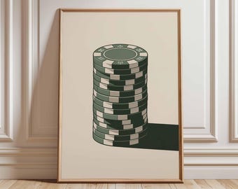 Poker Chips Poster, Casino Wall Art, Minimalist Gambling Print, Retro Mid Century Modern Decor, Card Game Artwork