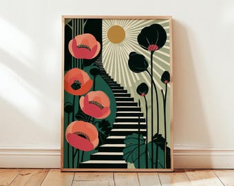 Art Deco Floral Poster, Coral Botanical Wall Art, Paper Print