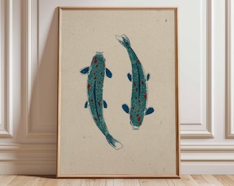 Koi Fish Wall Art Print, Japanese Style Fish Poster, Vintage Zen Artwork, Oriental Nature Decor, Minimalist Japanese Poster Design