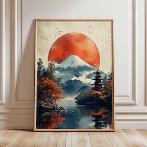 Mount Fuji Art Print, Japanese Landscape Poster, Red Sun Rising, Traditional Pagoda Wall Art, Scenic Nature Art, Japanese Mountain Decor