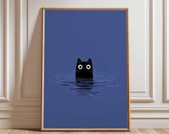 Funny Cat Poster, Minimalist Cat Wall Art, Black Cat Print, Quirky Animal Illustration, Cute Cat in Water Art, Blue Cat Room Decor