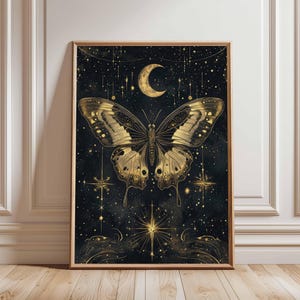 Poster papillon doré - Art papillon céleste, design lune et étoiles, art floral inspiré de la nature, art papillon mystique, affiche vintage