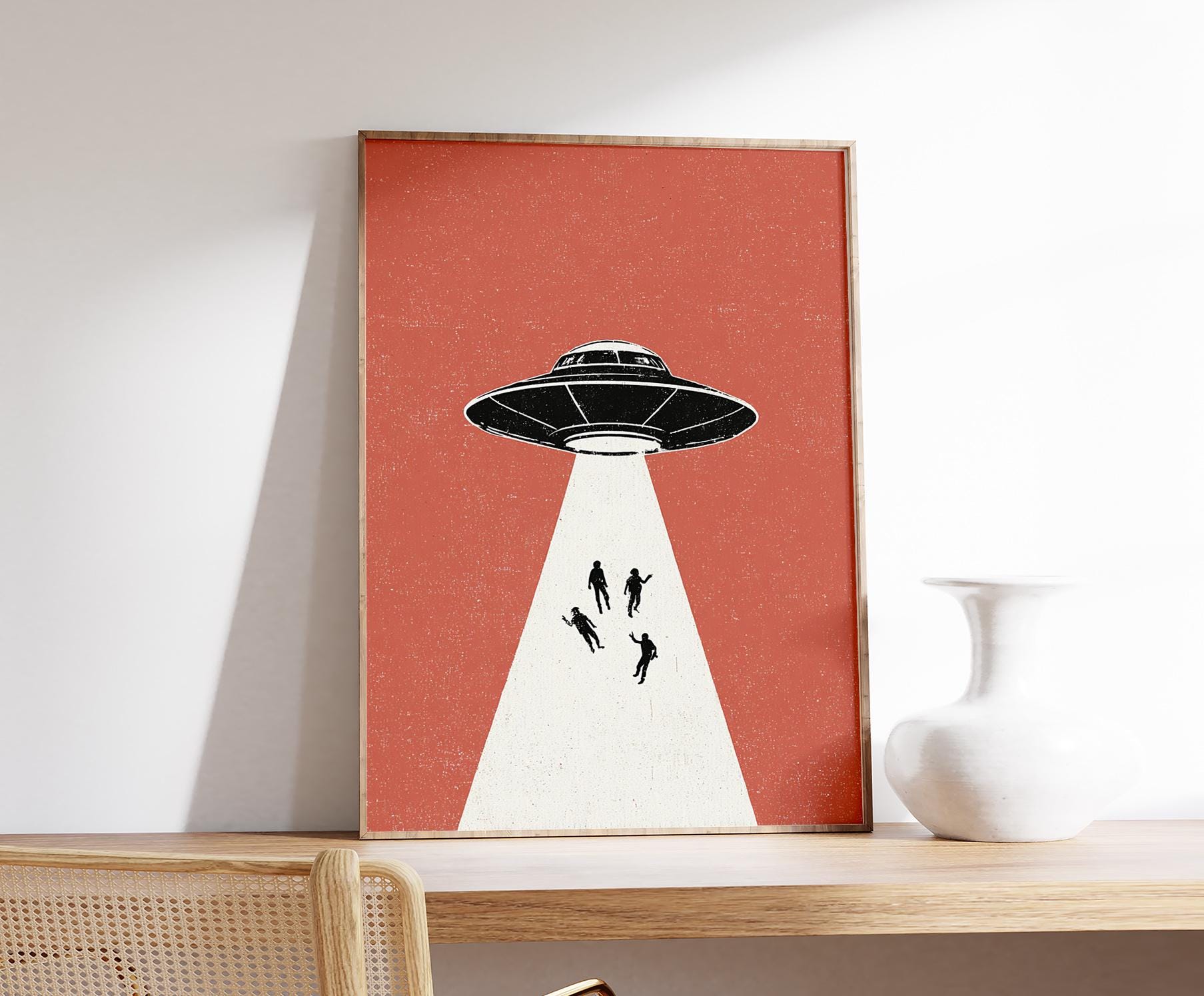 Retro UFO Abduction Art Print, Minimalist Red Black Poster, Funny