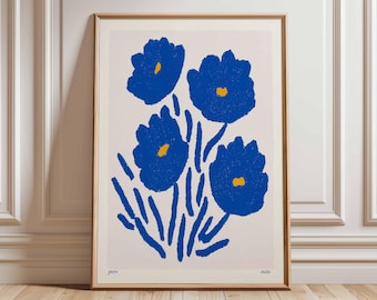 Blue Floral Poster, Modern Minimalist Wall Art Print, Bold Abstract Flower Painting, Contemporary Home Decor Artwork for Living Room