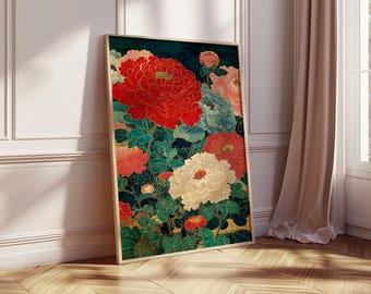 Lámina decorativa floral japonesa, póster vintage de crisantemos, ilustración de flores rojas y blancas