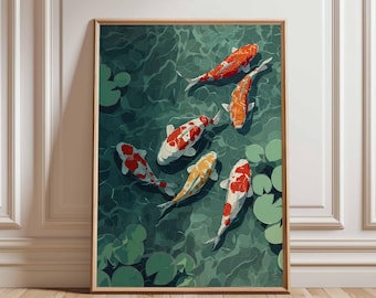 Arte mural de peces koi, póster de estanque japonés, impresión de aguas tranquilas, decoración de jardín zen, pintura colorida de koi, arte de naturaleza serena