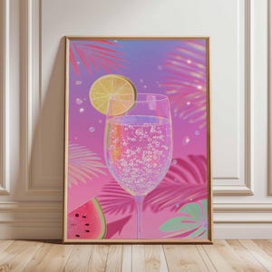 Tropical Sparkling Drink Poster, Summer Cocktail Wall Art, Pink Lemonade Print, Palm Leaf Decor, Watermelon Aesthetic Poster
