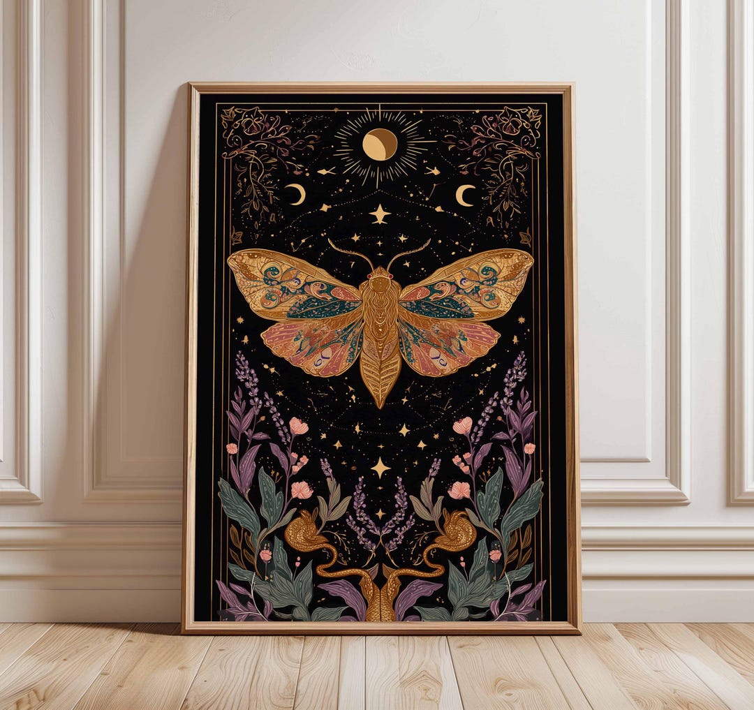 Mystical Moth Wall Art, Celestial Moon Phase Poster, Boho Witchy Decor ...
