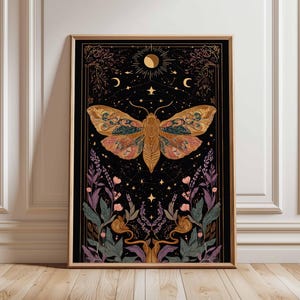 Arte de parede com mariposa mística, pôster de fases da lua celestial, decoração boho com temática de bruxa, impressão de noite estrelada com astrologia, arte gótica oculta