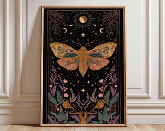 Mystical Moth Wall Art, Celestial Moon Phase Poster, Boho Witchy Decor, Astrology Starry Night Print, Gothic Occult Artwork