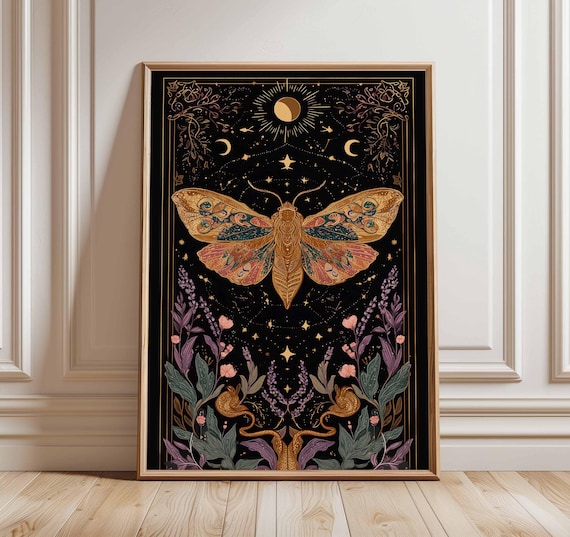Mystical Moth Wall Art, Celestial Moon Phase Poster, Boho Witchy Decor, Astrology Starry Night Print, Gothic Occult Artwork