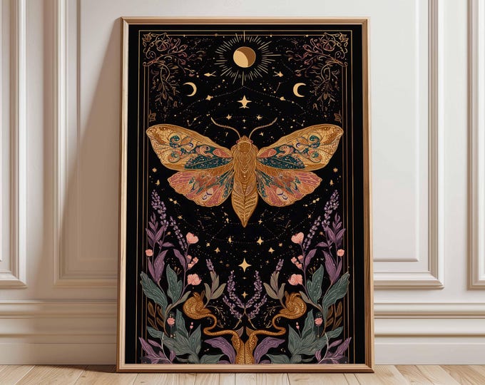 Mystical Moth Wall Art, Celestial Moon Phase Poster, Boho Witchy Decor, Astrology Starry Night Print, Gothic Occult Artwork