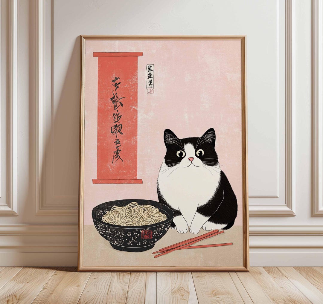 Japanese Cat Poster Ramen Bowl Wall Art Cute Black and White Cat Print ...