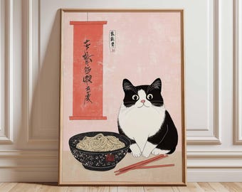Japanese Cat Poster Ramen Bowl Wall Art Cute Black and White Cat Print Asian Kitchen Decor