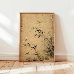 Japanese Bamboo Wall Art, Vintage Ink Painting Poster, Minimalist Nature Decor, Oriental Bird and Plant Print, Unframed Zen Artwork