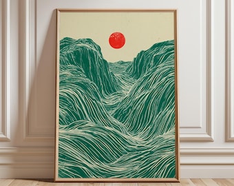 Abstract Wave Landscape Poster, Japanese Mountain Wall Art, Green Print
