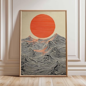 Impression d'art mural soleil et vagues - affiche océanique minimaliste moderne, oeuvre d'art abstraite de style japonais, décoration d'intérieur contemporaine audacieuse