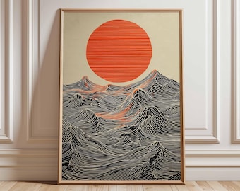 Lámina de arte mural "Sol y olas": póster minimalista moderno con océano, obra de arte abstracta de estilo japonés, decoración contemporánea y atrevida para el hogar.