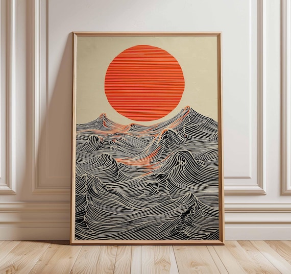 Sun and Waves Wall Art Print – Modern Minimalist Ocean Poster