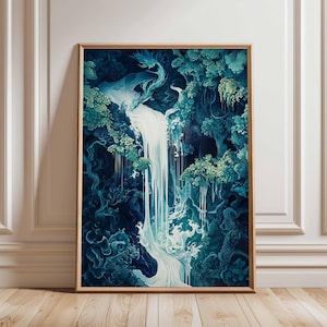 Poster di cascata fantasy, stampa artistica di drago mistico, paesaggio da sogno, decorazione di cascata eterea, arte della foresta magica