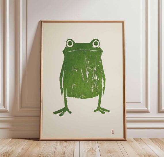 Green Frog Poster – Minimalist Animal Art, Retro Frog Illustration, Japanese-Inspired Nature Wall Art, Eco-Friendly Home Decor