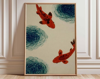 Póster de pez koi, impresión artística japonesa para pared, obra de arte minimalista vintage de peces, decoración de jardín acuático zen, diseño de póster de naturaleza oriental