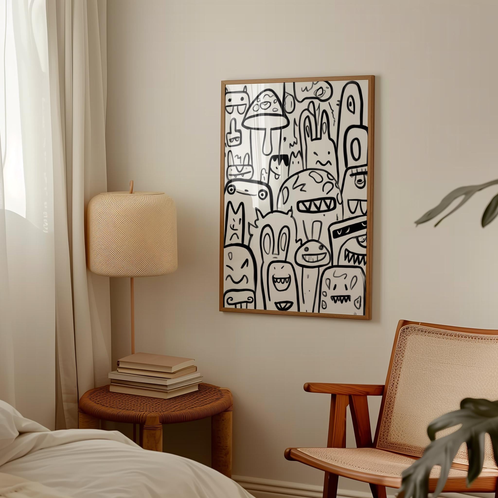 Black and White Doodle Art Print, Cartoon Monster Wall Art, Modern