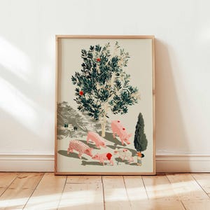 Charming Farm Animal Wall Art – Illustrated Pigs Under Tree Print, Whimsical Country Decor, Rural Nature Poster (Unframed)