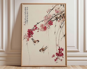 Cherry Blossom Wall Art, Japanese Bird Poster, Asian Style Print, Oriental Nature Artwork, Zen Home Decor, Traditional Floral Wall Art