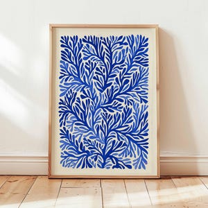 Blue Abstract Botanical Wall Art Print, Modern Nature Inspired Poster, Minimalist Plant Design for Living Room Bedroom Decor